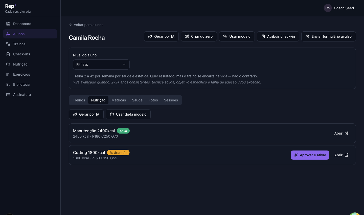 Painel real do Rep²: nutrição de um aluno com uma dieta ativa e outra gerada por IA aguardando o coach revisar e aprovar antes de ativar.