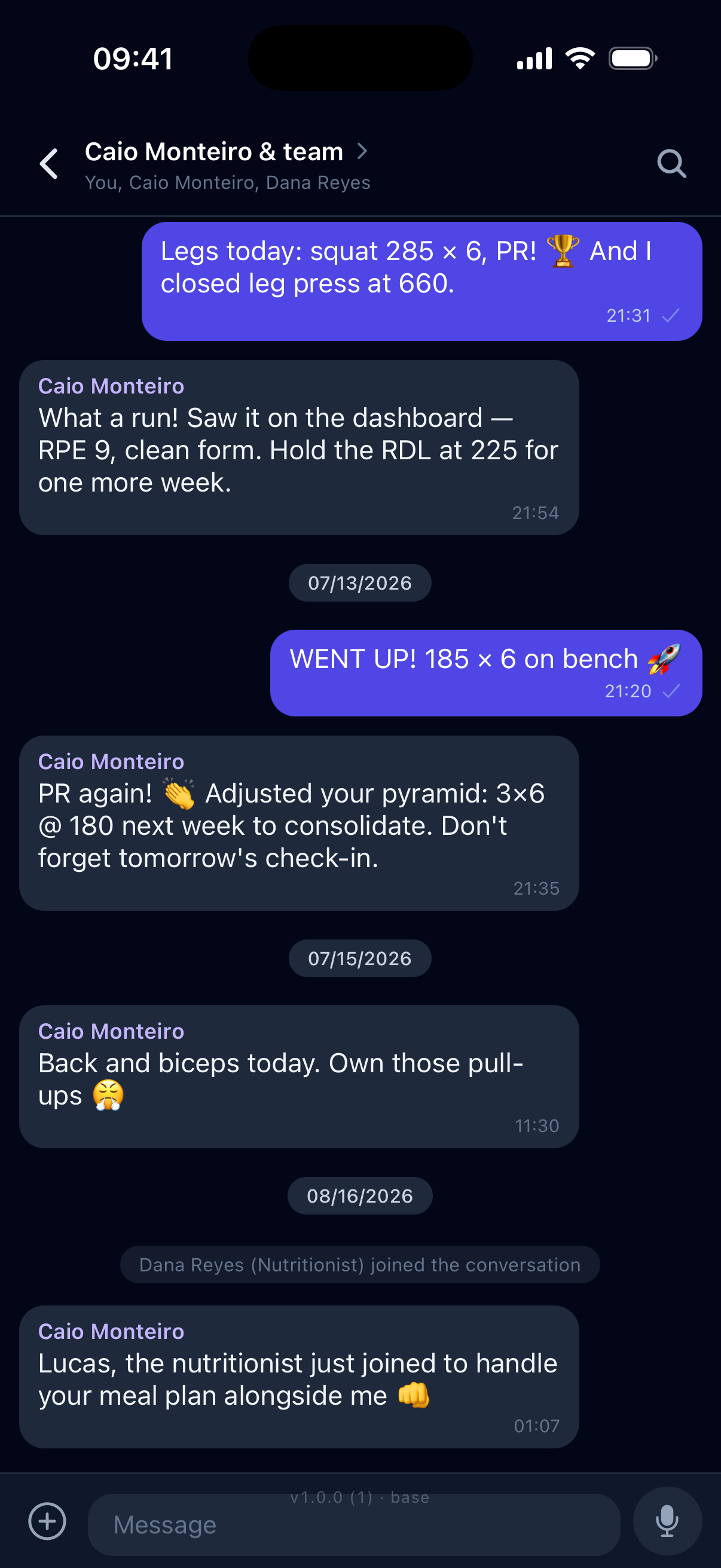 Real Rep² screen: a private thread with the coaching team — the lifter reports a 285 × 6 squat PR and the coach answers with the adjusted pyramid for next week.