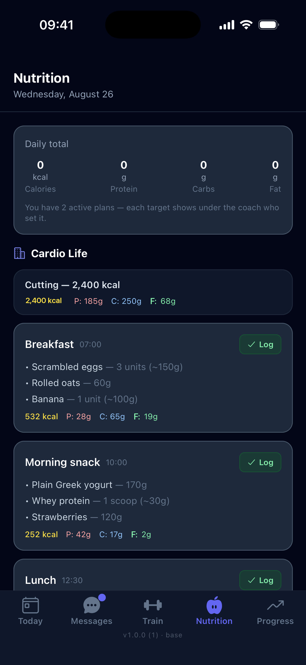 Real Rep² screen: the Nutrition tab with the day's targets — calories, protein, carbs and fat — and the prescribed meal plan food by food, each meal ready to log in one tap.