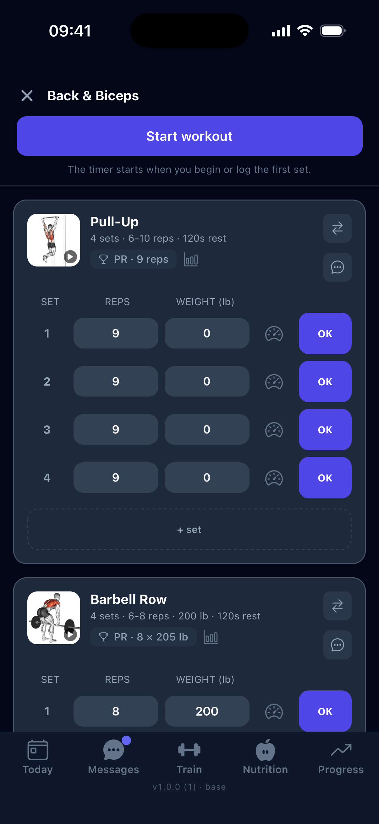 Real Rep² screen: a Back & Biceps workout ready to start — each exercise with its animated demo, pull-ups showing a 9-rep PR, barbell row prescribed at 4 sets of 6–8 reps at 200 lb with a 205 lb personal record, and every set one tap away from being logged.