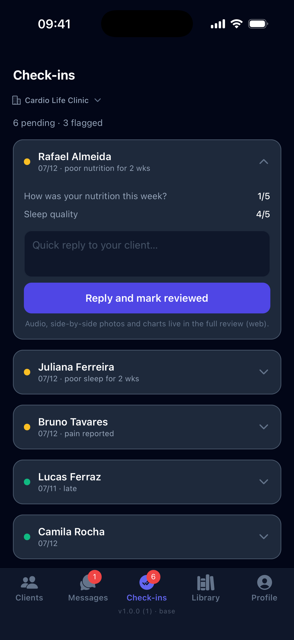 Real Rep² coach app screen: the check-in queue with flags — poor nutrition, poor sleep, pain reported — and one check-in expanded with a quick reply box.