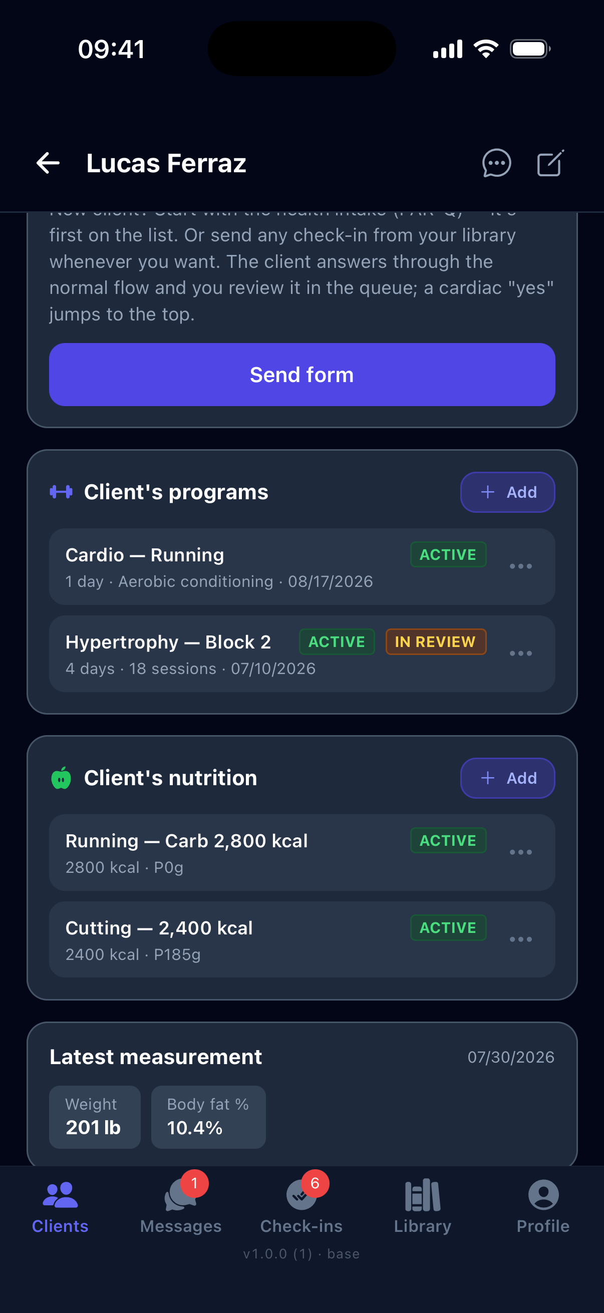 Real Rep² coach app screen: a client's profile with their active programs, active meal plans and latest measurement — 201 lb and 10.4% body fat.