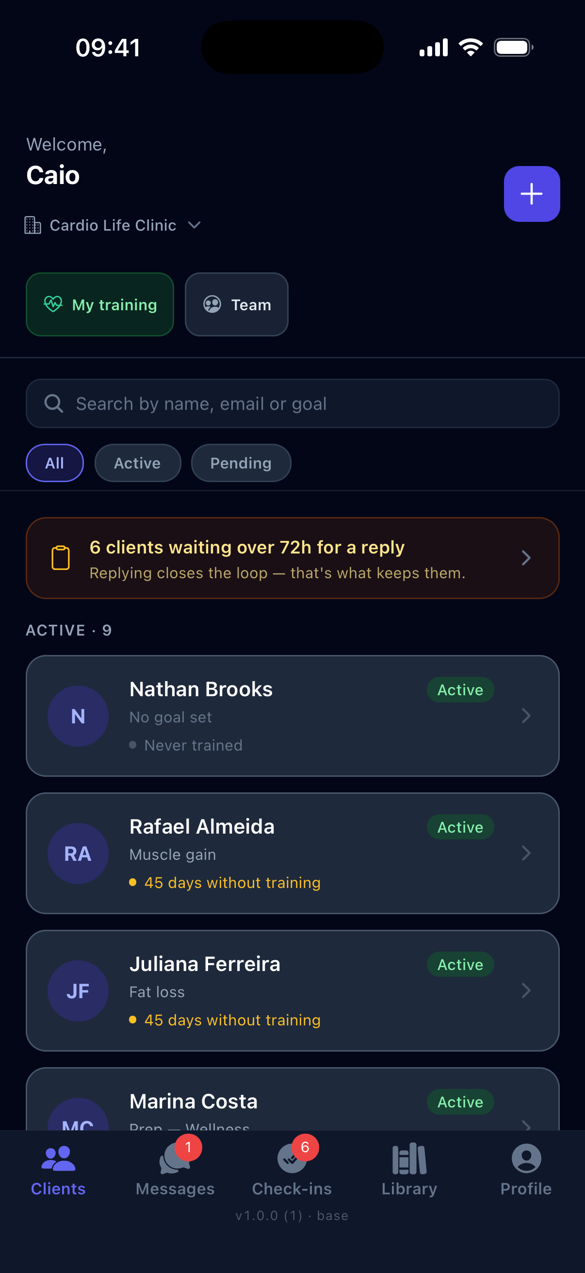 Real Rep² coach app screen: the active roster with each client's goal and last workout, search, and an alert that 6 clients have been waiting over 72h for a reply.