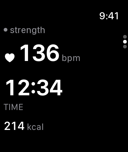 Real Rep² screen on Apple Watch: 136 beats per minute, 12:34 elapsed and 214 kcal in a strength session.