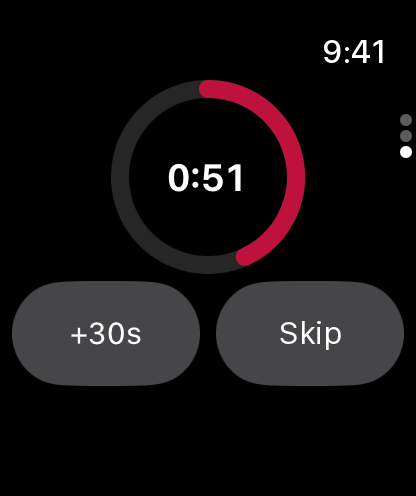Real Rep² screen on Apple Watch: the rest ring counting down 51 seconds, with +30s and Skip.
