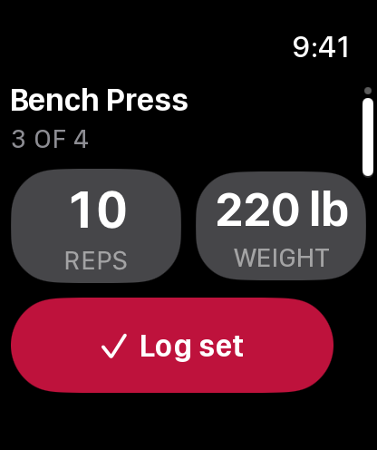 Real Rep² screen on Apple Watch: bench press, set 3 of 4, 10 reps at 220 lb and a Log set button.